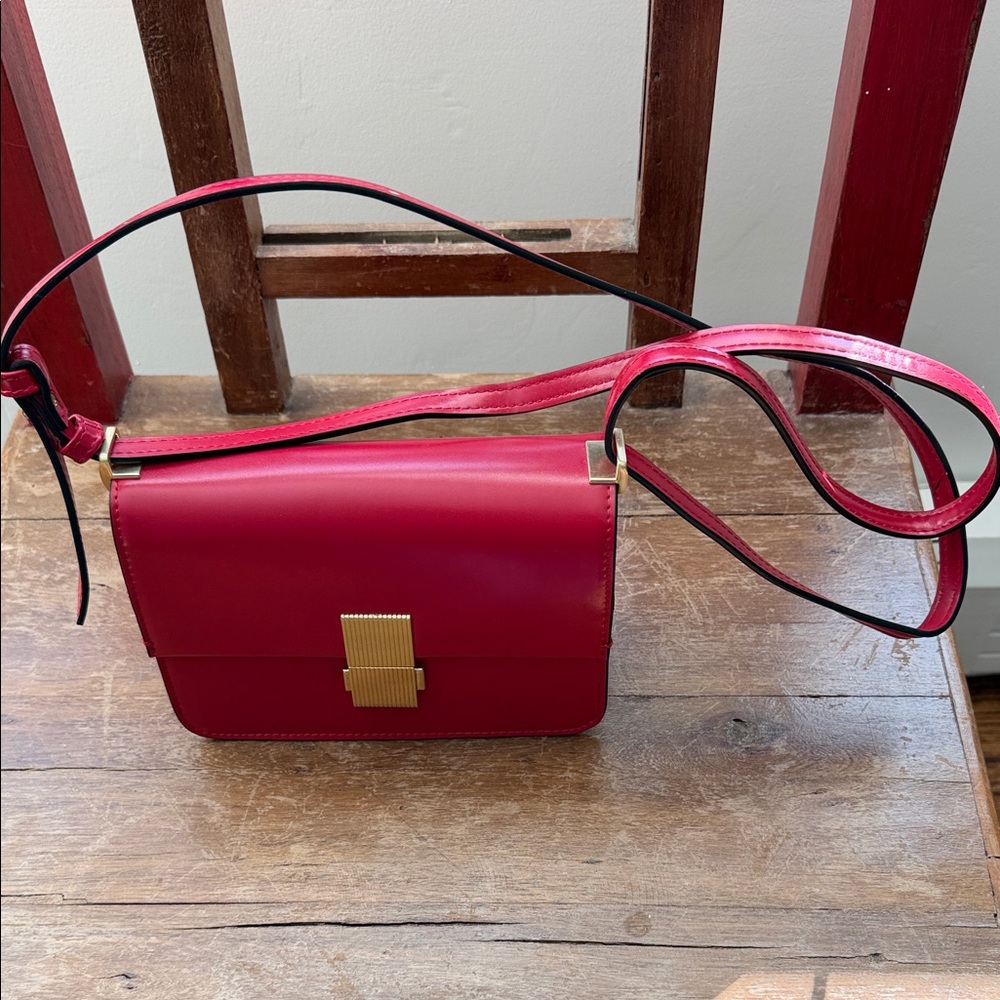 Marks and Spencer cerise colour handbag gold accents